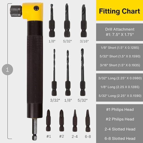 Tight Fit Tools Right Angle Drill Attachment - 90-Degree Bit Adapter for Hard-to-Reach Areas, Compact Drill Angle Attachment for Handymen, Electricians, and Blue-Collar Dads, Drill Bits Included