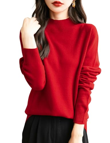 Chanyarn 100% Merinowolle Pullover Damen Winter Stehkragen First-Line Ready to Wear Langarm nahtlosem Strickpullover (Rot M)