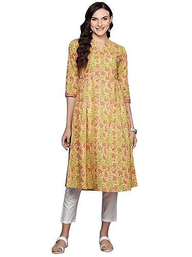 Image of INDO ERA Women's Cotton Regular Fit Floral Printed A-Line Kurta (23ERE3876)