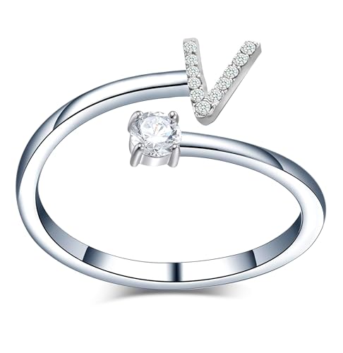 Only faith Anillos de letras iniciales Brillantes Zirconia cúbica Incrustada con acero inoxidable ajustable, Anillos abiertos de letras para mujer, joyería de moda circonita (V - PLATEADO)