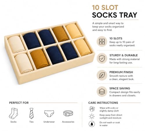 Image of 10 Slot Drawer Organizer Tray for Socks and Ties, Cream | Foldable closet storage tray with dividers for ties, belts, underwear, scarves and small wardrobe accessories arranged neatly