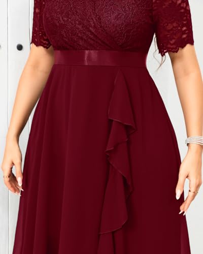 Image of Talisea Plus Size Wedding Guest Dress - Formal Cocktail Party Ruffle Elegant Tea Length Lace Chiffon V Neck Midi Dresses