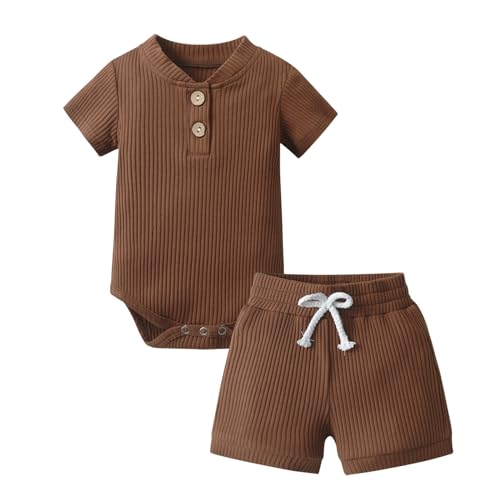 Image of Derouetkia Summer Newborn Baby Boy Girl Clothes Solid Color Ribbed Romper and Shorts Outfits Set