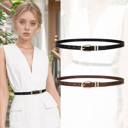 2 Pack Plus Size Women's Skinny Genuine Leather Belts with Gold Buckle for Jeans and Dresses2