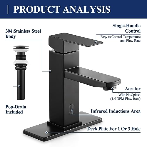 Herogo Touchless Bathroom Faucets Matte Black Stainless Steel Automatic Motion Sensor Bathroom Faucet Rv Bar Sink Faucet For 1-3 Hole Single-Handle With Pop Up Drain Stopper Water Supply Hoses thumb #1
