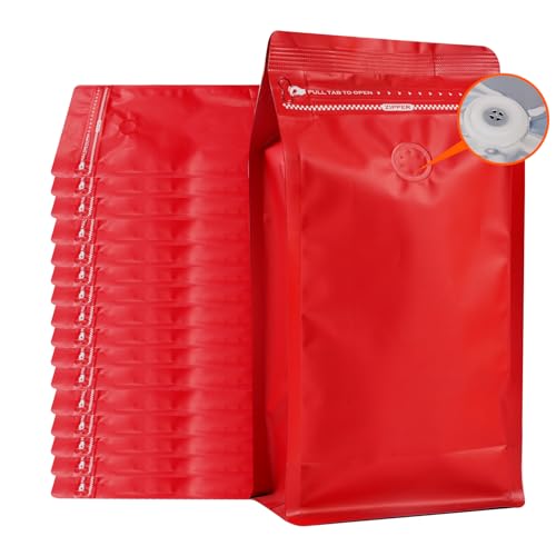 Sacos de café com válvula (50 unidades, 8 onças/0,45 libras), papel de alumínio de alta barreira vermelha, parte inferior plana, sacos de armazenamento de grãos de café, sacos reutilizáveis com