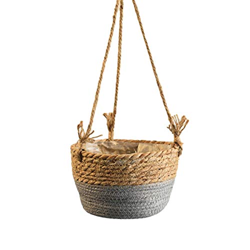 Redsa Hanging Straw Planter 20cm Jute Rope Hanging Flower Basket Wicker Wall Planter Basket Cover for Succulents Herbs and Small Indoor Outdoor Plants