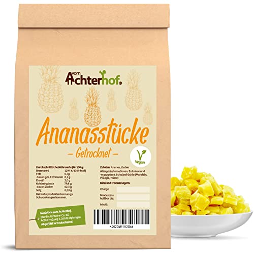Ananasstücke getrocknet 500g | leicht gezuckerte Ananas-Stücke | unvergleichlich fruchtiges Aroma | schonend getrocknet | ideal für unterwegs, oder als Snack zwischendurch | vom Achterhof