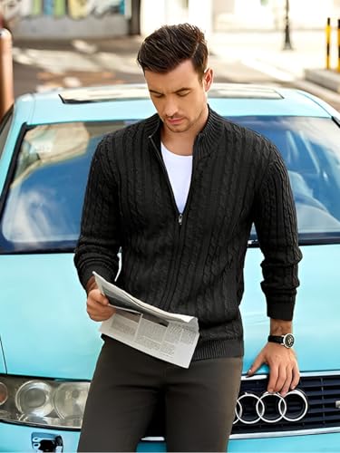 Image of TYSORT Men's Cotton Full Sleeve High Neck Full Zipper Sweater for Men, Cable Knitted Cardigan for Men