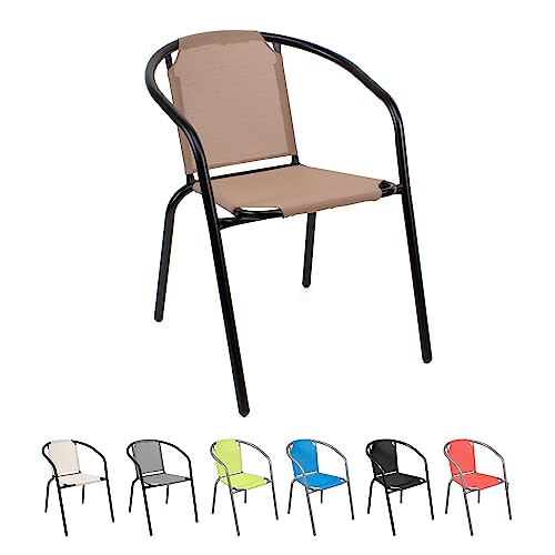 THE SECRET HOME - Silla en Lona para Jardín - Alto. 74 cm x Largo. 58 cm x Ancho. 53 cm - Color Marrón - Silla de Acero Apilable - Asiento de Exterior para Balcón, Terraza y Jardín