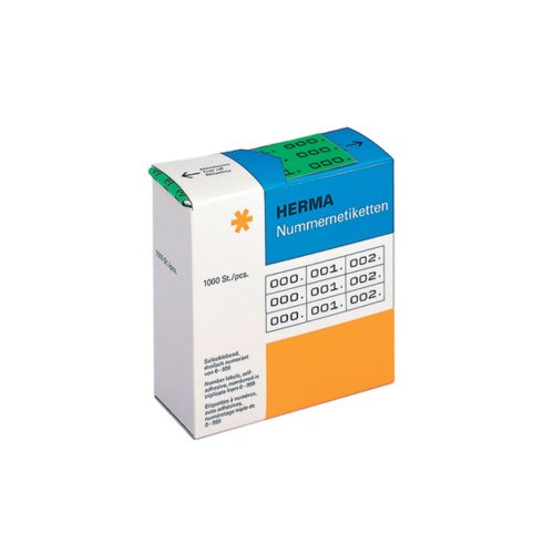 HERMA 4805 Nummernetiketten Zahlen 0-999, dreifach, 3000 Stück, 22 x 10 mm, selbstklebend, matt, 3fach fortlaufende Papier Zahlenetiketten Anlagenummern in Spenderbox, grün