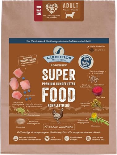 LAKEFIELDS MANUFAKTUR Super Food - Comida seca para perros de calidad superior, pollo 61%, sin cereales, alimento seco para perros pequeños adultos, alimento completo con carne de pollo, manzanas y