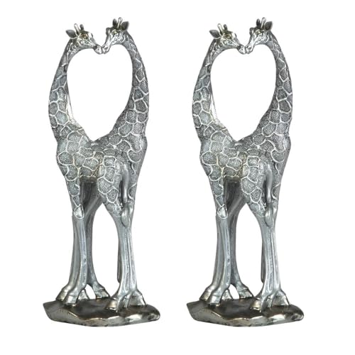 Image of ICE ARMOR 2-PC Gift Set 12" H Silver Giraffe Couple with Heart Shaped Figurine Statue Ornament Home Room Office Decor Ideas for Housewarming, Holidays and Birthdays