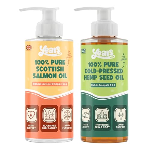 YEARS 100% Pure Salmon Oil for Dogs & Hemp Seed Oil for Dogs Double Pack Rich in Omega 3, 6 & 9 Dog Calming Supplements for Joints Skin & Coat Health - 2 x 250ml