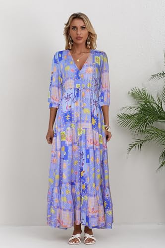 Image of Women Short Sleeve V Neck Floral Print Casual Bohemian Maxi Dresses