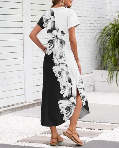 Image of MISFAY Women's Summer Maxi Dress 2026 Casual Short Sleeves V Neck Loose Sundress Split Long Beach T Shirt Dress