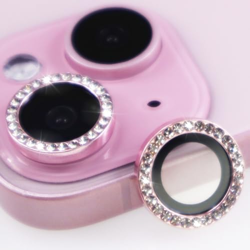 for iPhone 15/15 Plus Camera Lens Protector Bling Glitter Diamond Metal Crystal Tempered Glass Screen Accessories Rhinestones Lens Cover for iPhone 15 / 15Plus (Pink, iPhone 15/15 Plus)