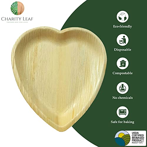 Charity Leaf Disposable Palm Leaf 10" Heart Plates (25 Pieces) Bamboo Like Serving Platters, Disposable Boards, Eco-Friendly Dinnerware For Weddings, Catering, Events #TOP4
