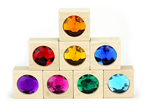Everwood Friends 8 pc Large Bright Gem Building Blocks, Solid Wood Hard Maple Standard Unit Blocks, Made in USA Heirloom Quality Toys