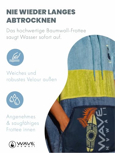 WAVE HAWAII Bade-Poncho Damen & Herren Kapalua mit Kapuze, Größe L, 170-200cm, 100% Baumwolle Surf-Poncho für Erwachsene, Velours & Frottee-Handtuch mit hoher Wasserabsorption