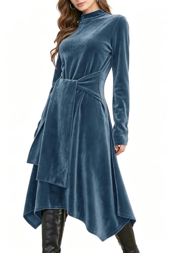 Image of Jayscreate Women's 2023 Long Sleeve Sweater Dress Fall Winter Midi Tie Front Knit High Waist Business Casual Dress