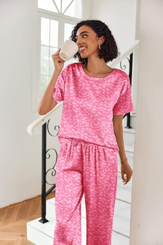 Image of Ekouaer Womens Satin Silky Pajama Set Short Sleeve Shirt with Long Pajama Pant Set Soft PJ Loungewear