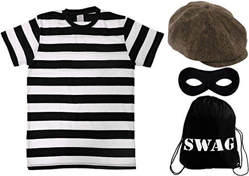 I LOVE FANCY DRESS LTD KIDS BURGLAR COSTUME. BOYS AND GIRLS ROBBER OUTFIT WITH BURGLAR SWAG BAG + BURGLAR-MASK + CAP + TSHIRT. SIZE: SMALL