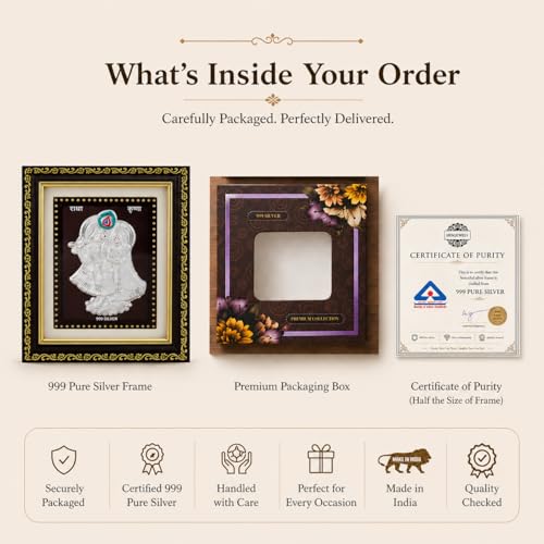 Image of Hem Jewels 999 Pure Silver Radhe Krishna Photo Frame for Home & Office | God Frame for Pooja Room & Wall Decor | Premium Pure Silver Gifting Item for Wedding, Housewarming, Office, Wedding & Festival Gifts | Square Tabletop | W=12cm & H=13.5 cm | Certificate Included