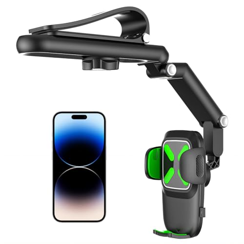 Gasedin Car Phone Holder, 1080° Rotatable and Retractable Mobile Phone Holder, Multi-Functional Sun Visor Rearview Mirror Car Phone Holder Fit for Most Cell Phones (Upgraded Version-Green)