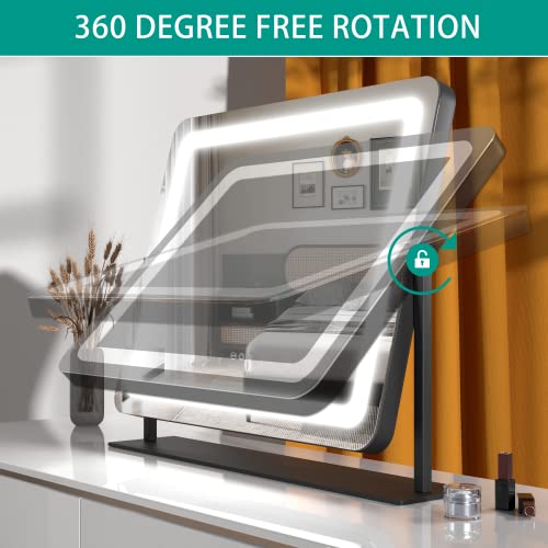 Hasipu Vanity Mirror With Lights, 24.2" X 18.9" Led Makeup Mirror, Light Up Mirror With 10X Magnification And Usb Charging Port, Phone Holder, Smart Touch 3 Colors Dimmable, 360° Rotation (Black) #TOP6