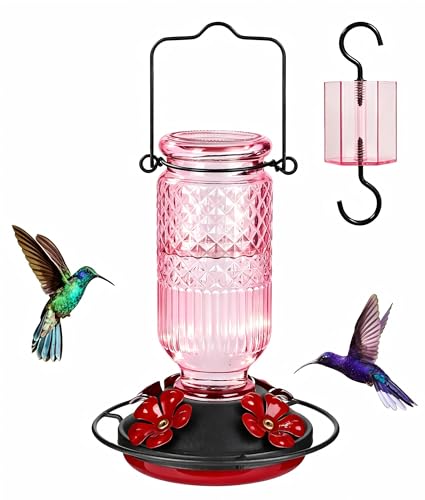 Image of FEED GARDEN Glass Hummingbird Feeder for Outdoors Hanging, 16 oz Leak-Proof Nectar Feeder with Bee Guards & Ant Moat, 4 Metal Flower Feeding Ports, 360 Perch Ring, Easy Refill & Clean, Pink