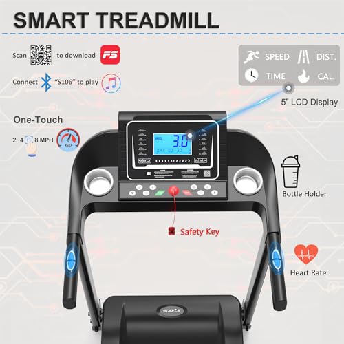 Image of Fitshow App Home Foldable Treadmill with Incline, Folding Treadmill for Home Workout, Electric Walking Running Treadmill Machine 5 inch LCD Screen 250 LB Capacity Music