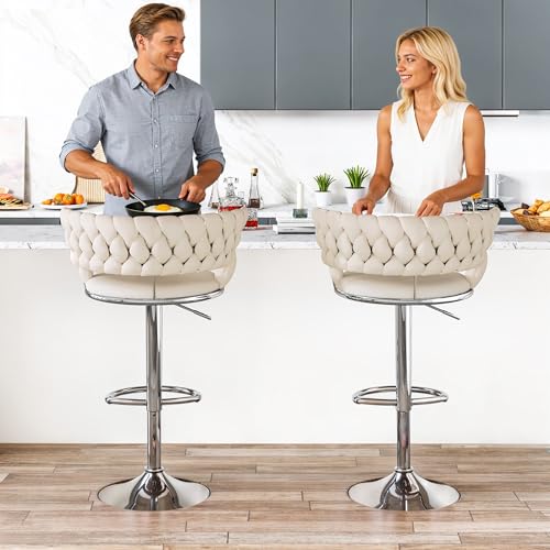Image of Lamerge Velvet Bar Stools Set of 2,Swivel Bar Chairs Counter Adjustable Height Barstools with Back & Footrest,Upholstered Kitchen Island Chairs for Pub(2PCS Beige)