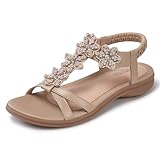 TEMOFON Flats Sandals for Women Dressy: Size 8 Summer Elastic Ankle Strap Flat Sandals - Comfortable Casual Beach for Woman Apricot