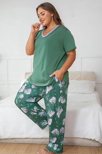 Image of Vozanet Women's Pajama Sets Short Sleeve with Long Pant Soft Sleepwear Printed pj Loungewear With TWO Pockets Size 1X to 5X