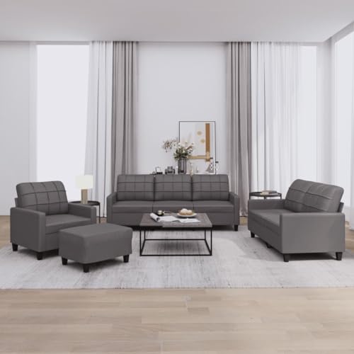 Ordellia Juego de 4 piezas de sofá con cojines, piel sintética gris, resistente juego de salón para relajarse, muebles tapizados duraderos con reposapiés