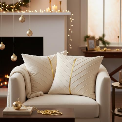Image of Velvet Throw Pillow Covers 26x26 inch Pack of 2 Gold Decor Cream