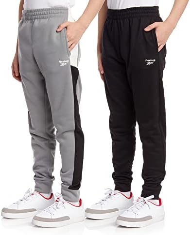 Reebok Boys' Active Joggers - 2 Pack Fleece Athletic Sweatpants (Size: 8-20), Size 18-20, Black/Light Grey