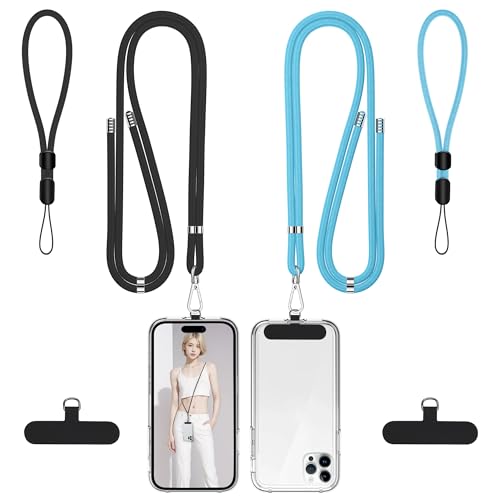 Image of takyu Phone Lanyard, 2 Pack Adjustable Cell Phone Lanyard Crossbody Neck Strap and 2 Pack Phone Wrist Strap with Tether Tabs Compatible for iPhone Smartphones-Black Blue