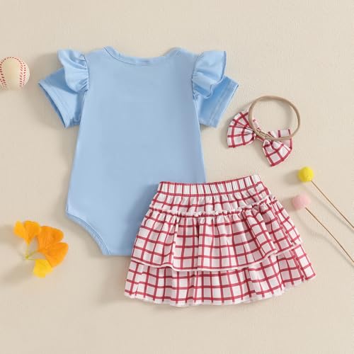 Baby Girl Baseball Outfit Ruffle Short Sleeve Bubble Romper Bow Plaid Tutu Skirt Newborn Summer Clothes Headband 0-18M3