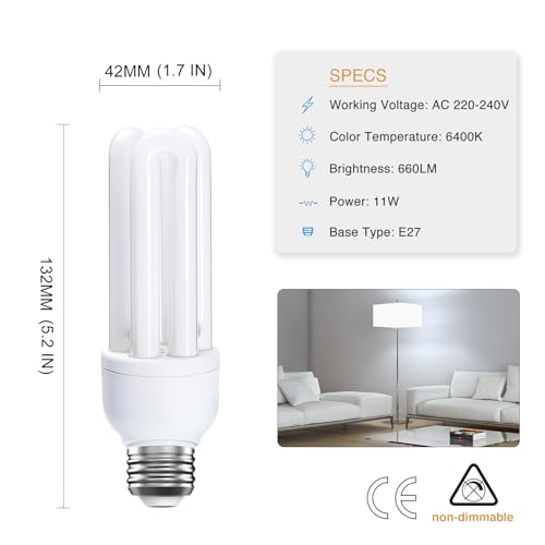 3 Pack Energy Saving 11W, 11W=60W E27 ES CFL Light Bulbs, Edison Screw CFL Light Bulbs, Compact Fluorescent Light Bulb, Daylight 6400K - Image 2