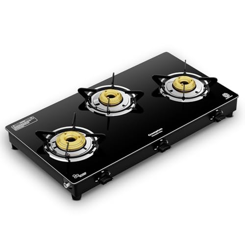 Image of Crompton FlameStar Max 3 Burner Glass Top LPG Gas Stove | 1 Jumbo & 2 Medium Brass Burner | Max Space | Easy Cleaning | Toughened Glass| Tri Pin Brass Burners |2 Year Manufacturer's Warranty