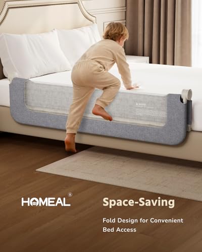 HOMEAL Bed Rail for Toddlers - 59\"x24\" Extra Long Foldable Toddler Bed Rails for King, Queen, Twin, Full, Double Bed - Breathable Guard Rail for Toddlers with U-Shape Base, Grey - Thumbnail 5