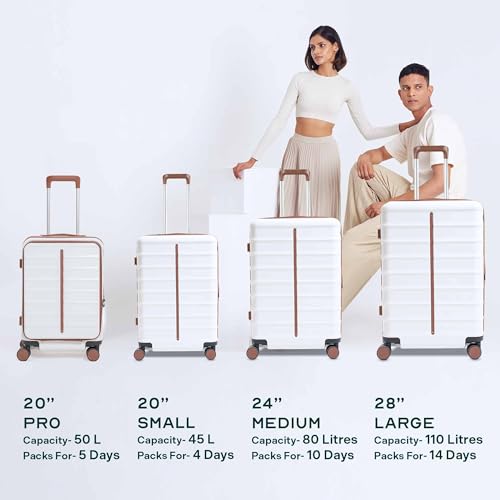 Image of THE ASSEMBLY Polycarbonate 8 Spinner Wheel Odyssey Pro 55 cms Hard Shell Lightweight Luggage with Laptop Compartment & 3 Packing Organizers | Unbreakable Suitcase | 50L | White, Cabin Size