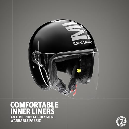 Image of Royal Enfield Open Face MLG Riding Helmet with Clear Visor Gloss Black, Size: M( 57-58Cm) Impact Protection, Excellent Scratch Resistance, Anti-Microbial Fabric
