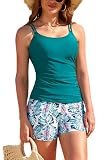 SHEKINI Damen 2 Stück Tankini Set Bauch Control Badeanzug Tank Top und Shorts mit Taschen Push Up Bademode (L, 67Y dunkelgrün mit Druck)