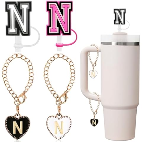 Straw Cover for Stanley Cup Accessories White Black Letter Cover Cap Letter Charms for Stanley 30&40 Oz Tumblers with Handle/Yeti,Initial Letter Name Plate Straw Toppers (N 2pcs letter & 2pcs charms) Cover