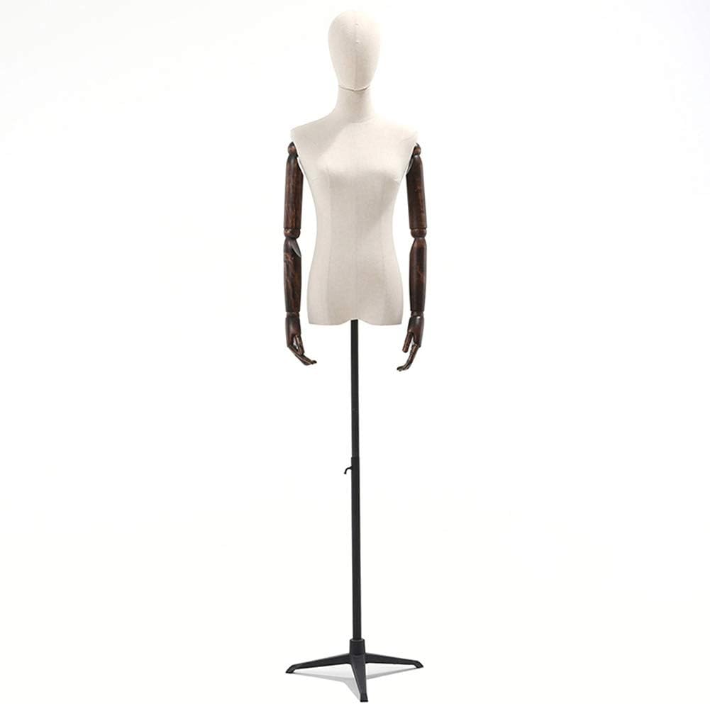 Female Dress Form Pinnable Mannequin Body Torso with Head & Black Metal Tripod Base Stand, for Women's Clothing Dress Display ，with Natural Arms-S