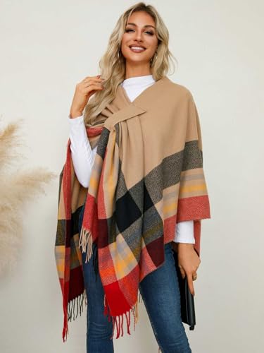 Women's Tassel Ruana Poncho Shawl Cardigan Sweater Open Front Boho Pashmina Knitted Plaid Wrap Cape Cloak3