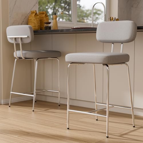 Bar Stools Set of 2, Kitchen Counter stools with Backs and Metal Legs, 26 inch Barstools for Counter Height, Fabric in Gray